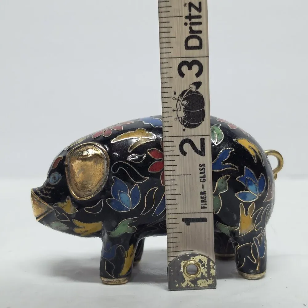 Vintage Cloisonne Pig Brass Enamel Figurine Floral Multicolor Traditional